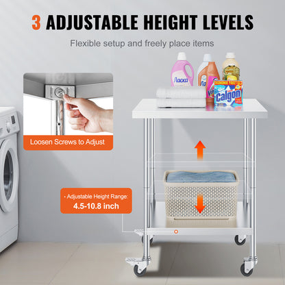 Werktafel – Werkbank – Werkbanktafel – Werkplek – RVS – Roestvrij Staal – 61x76x97 cm – 4 Zwenkwielen Met Rem