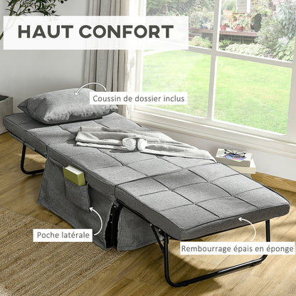 Fauteuil – Relaxstoel – Zitslaapbank – Poef – Grijs Linnenstof – 4-in-1 Multifunctioneel – Verstelbare Rugleuning 5 Standen