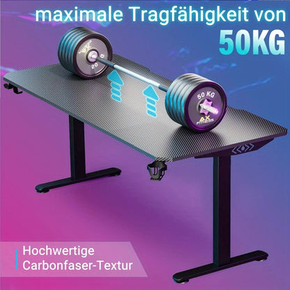 Gaming Tafel – Bureau – Computertafel – Esports Tafel – Werkplek – Carbon Fiber Blad – Verstelbare Poten – Inclusief Muismat & Koptelefoonhouder – 180x70x80 cm