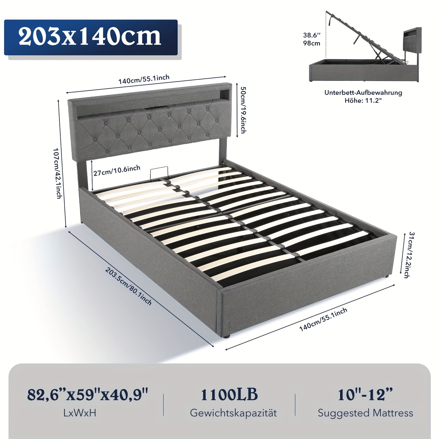 Boxspringbed – Boxspring – Bed – Bedframe – Boxspringbed Met Opbergruimte – 140x200 cm – Stof Linnen – Hydraulische Opbergruimte – LED Hoofdbord