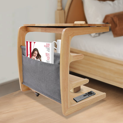 TOOL1SHOOO Modern C-Shaped Pulley Side Table with Lockable Castors, 4-Tier Storage Shelf & Adjustable Tabletop - Heavy-Duty Wooden Mobile Cart with Smooth-Glide Mechanism, Space-Saving Design for Living Room, Bedroom, Home Of