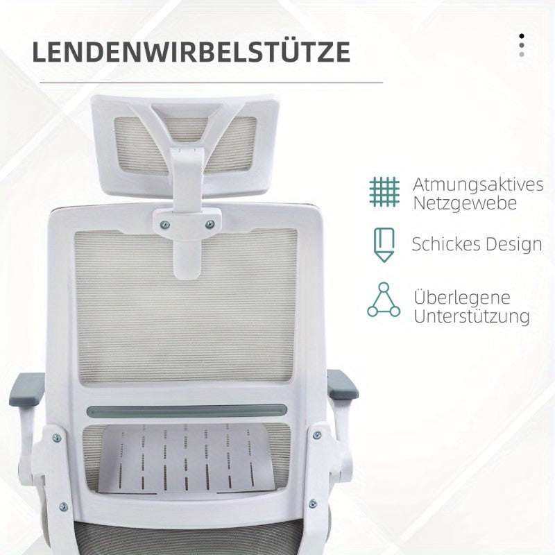 Ergonomische Bureaustoel – Bureaustoel – Kantoorstoel – Werkstoel – Draaistoel – Grijs – Verstelbare Hoofdsteun & Armleuningen – Ademend Mesh-Rugleuning