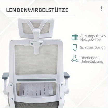Ergonomische Bureaustoel – Bureaustoel – Kantoorstoel – Werkstoel – Draaistoel – Grijs – Verstelbare Hoofdsteun & Armleuningen – Ademend Mesh-Rugleuning