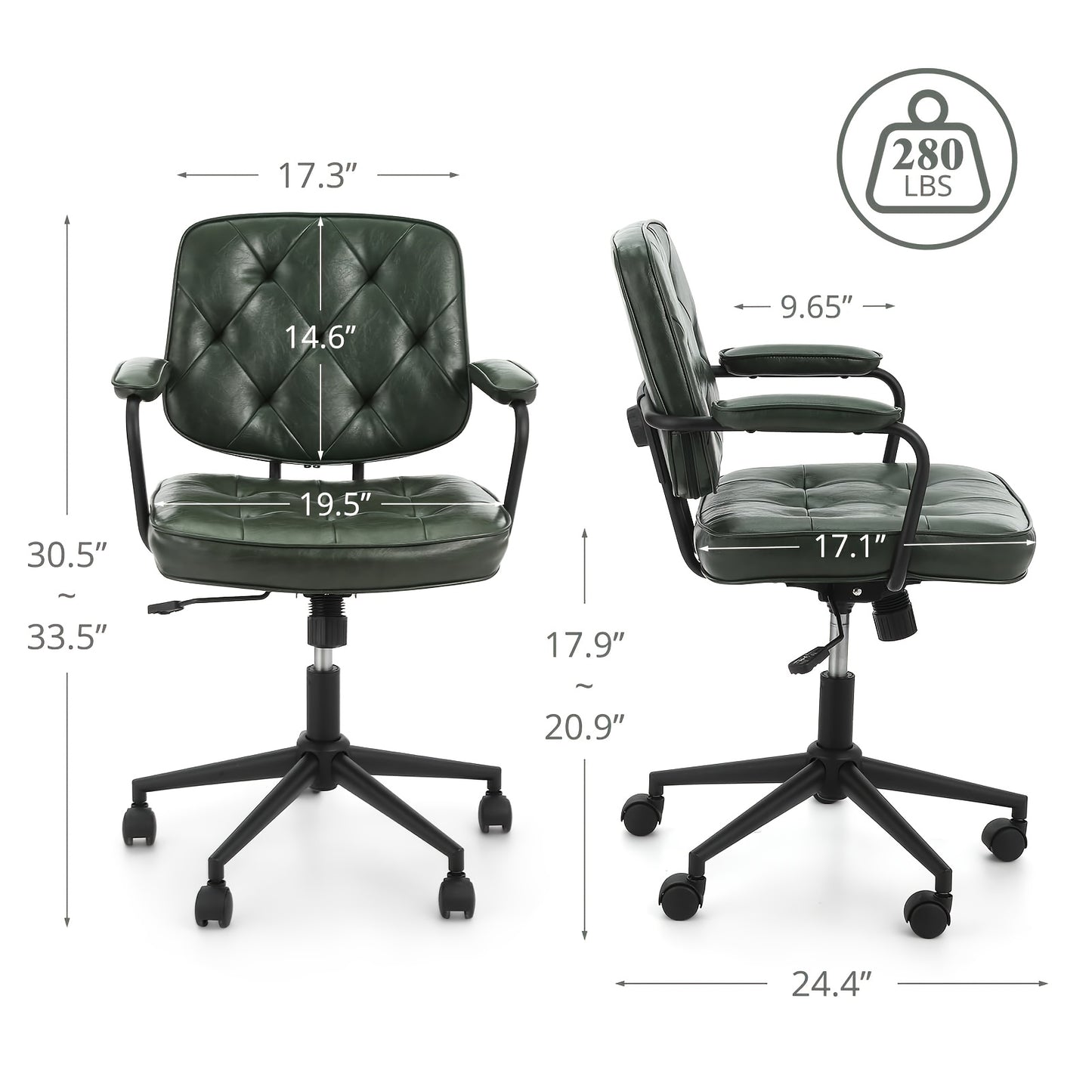 Ergonomische Bureaustoel – Bureaustoel Thuis – Kantoorstoel – Deskchair – Werkstoel – Verstelbare Zithoogte – Mid-Back Lendensteun – Donkergroen PU-Leder – 360° Draaibaar Met Wieltjes