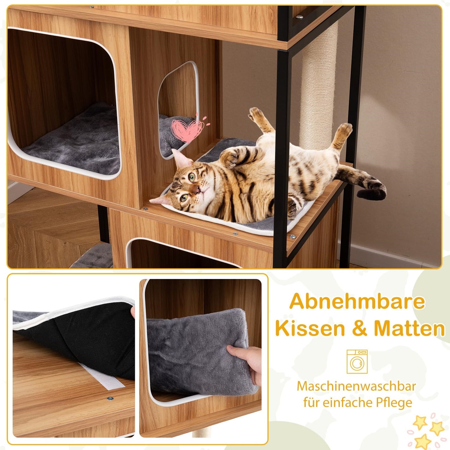Kattenklimpaal – Krabpaal – Kattenhuis – Kattenmeubel – Klimmeubel – 3 Verdiepingen Met Krabvlak – Verwijderbare Kussens – Metaalframe – Natuurlijk