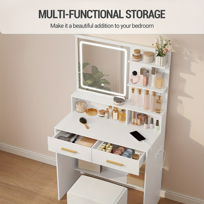 Make-up Tafel – Schminktisch – Beautytafel – Vanity Table – Make-up Bureau – Wit – Verstelbare LED-Verlichting – Stopcontacten & USB-Poorten