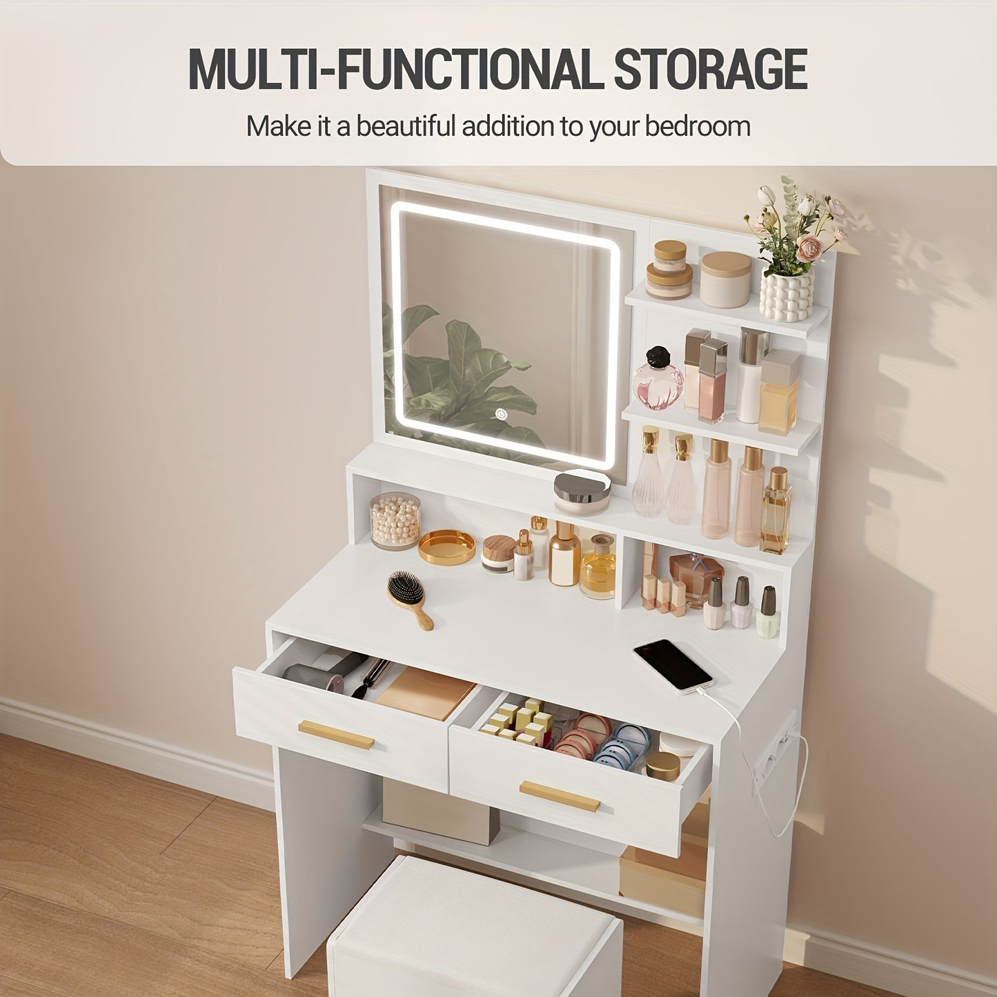 Kaptafel – Make-up Tafel – Dressing Table – Cosmeticatafel – Opmaaktafel – Verstelbare LED Verlichting – USB- & Stopcontacten – Wit – Met Kruk – 2 Lades – Open Planken – 140x80x40 cm – Houtvezelplaat