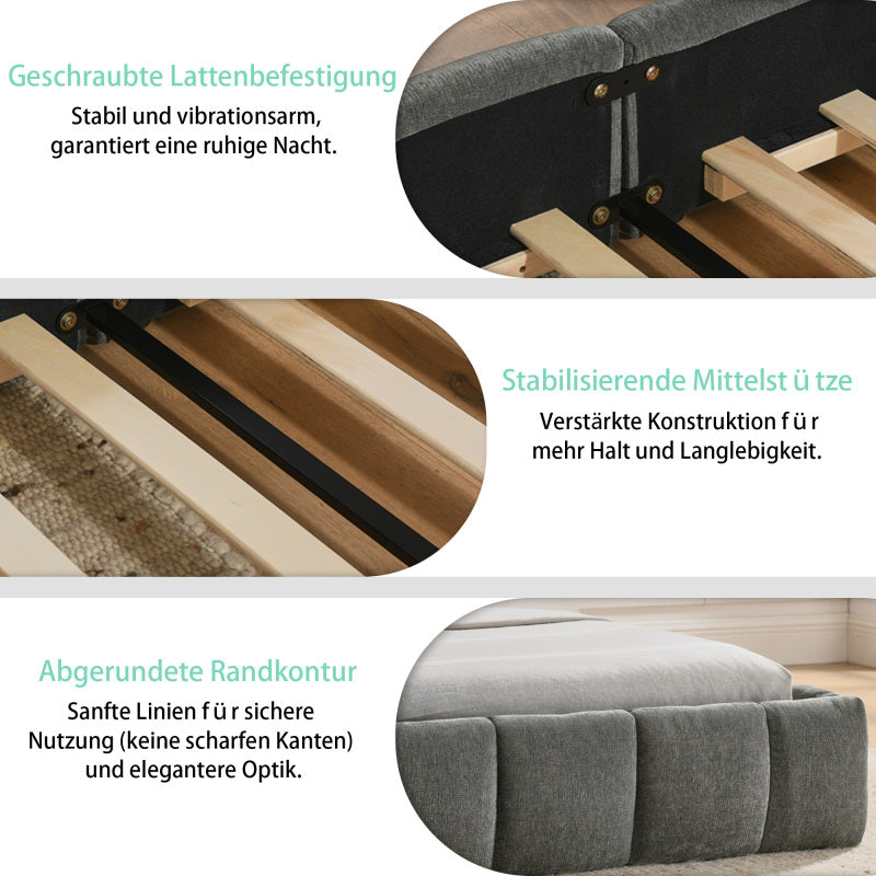 Bedframe – Tweepersoonsbed – Dubbelbed – Slaapbank – Eenpersoonsbed – Chenille Bekleding – 140x200 cm – Ecologisch Eucalyptus Hout – Stabiel IJzeren Frame – Donkergrijs – Eenvoudige Montage