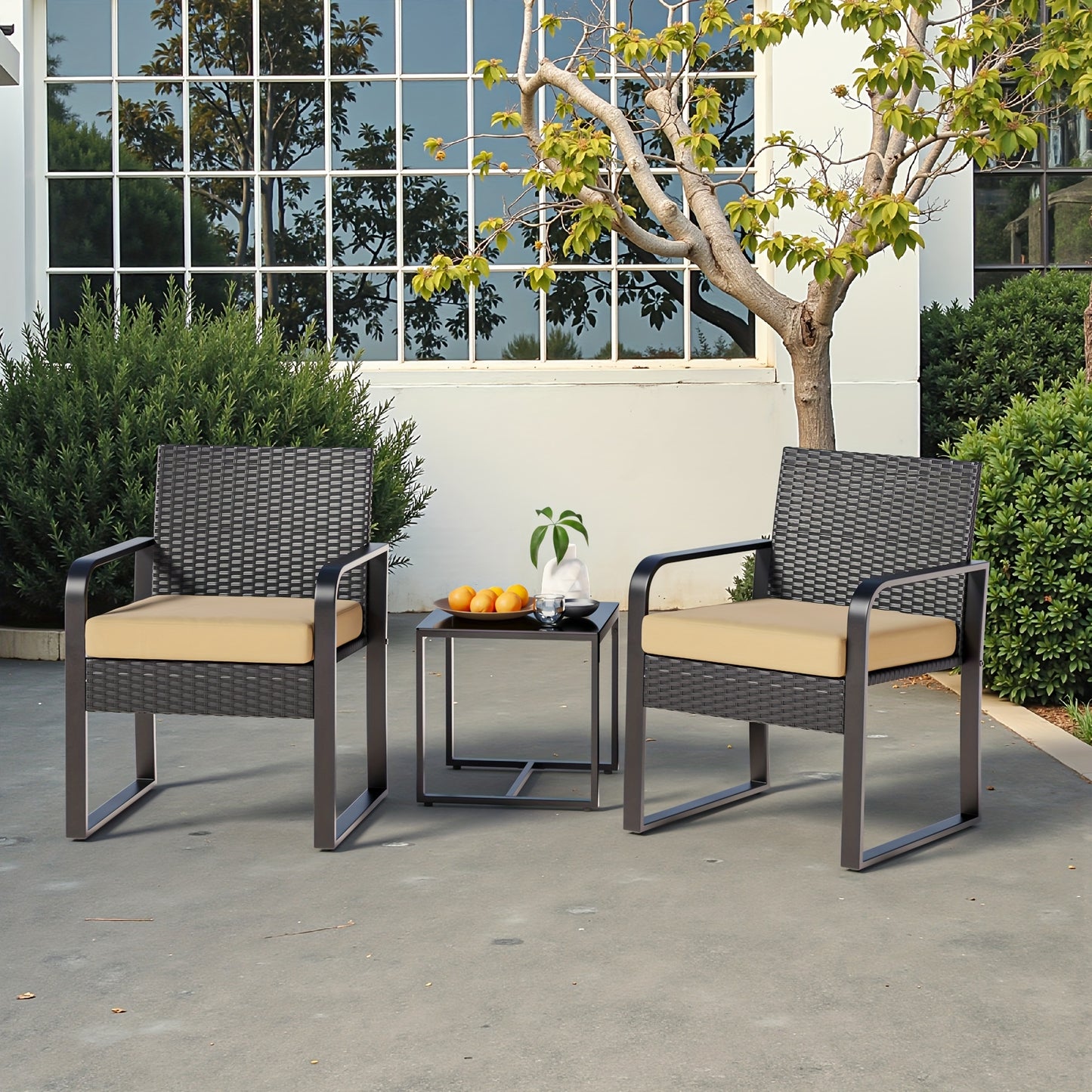 3-delige Rattan Tuinset – Balkonset – Loungeset – Bistroset – Tuinmeubelset – Gele Kussens – Duurzaam Rattan – Glazen Tafelblad