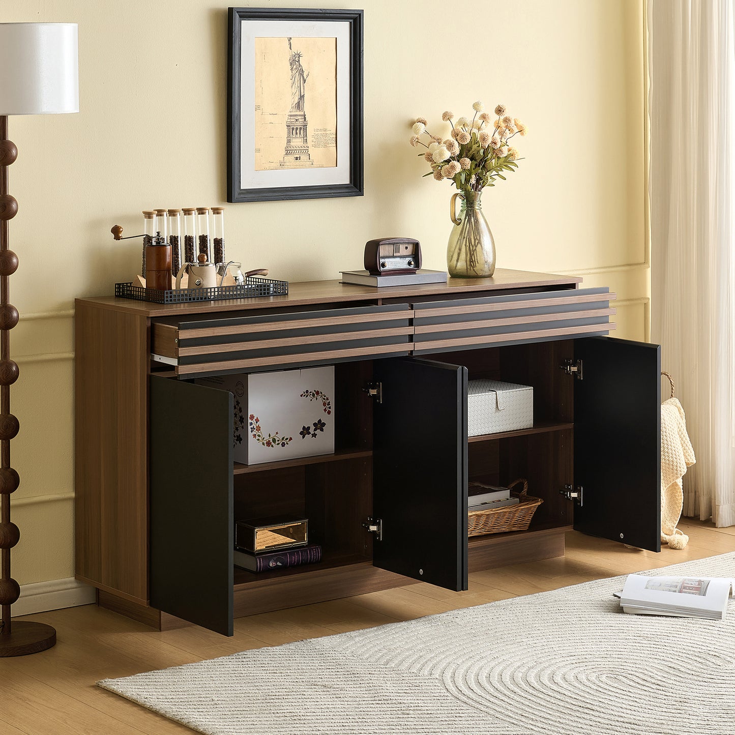Dressoirkast – Sideboard – Buffetkast – Opbergkast – Kast – Zwart – 150x40x85 cm – MDF – 2 Lades & 4 Deuren – Ruime Opbergruimte