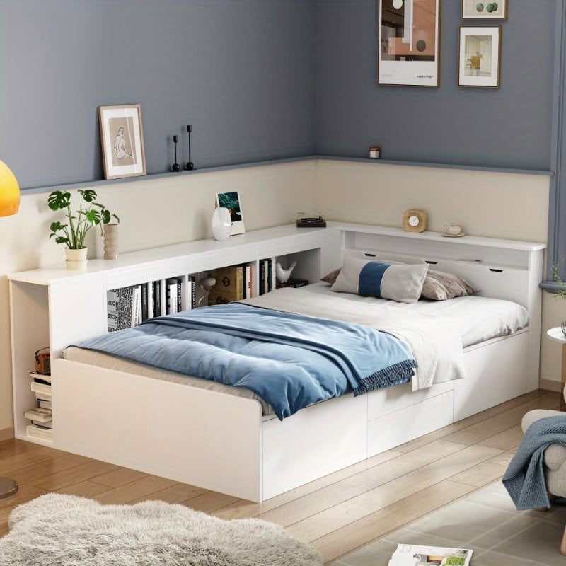 Eenpersoonsbed – Bed – Single Bed – Opbergbed – Slaapkamerbed – 90x200 cm – Ruimtebesparend Met Ingebouwde Lades En Kast – Duurzaam Onderhoudsvriendelijk Niet-Houten Materiaal