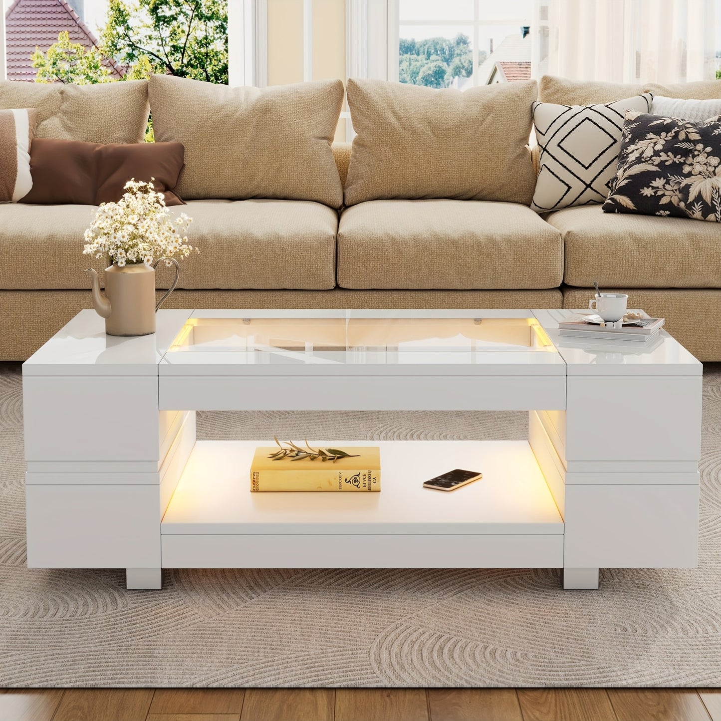 Witte Salontafel – Koffietafel – Bijzettafel – Tafel – Lounge Tafel – Moderne Open Opbergruimte – Duurzaam Bamboe – Compact & Laag (<69 cm)