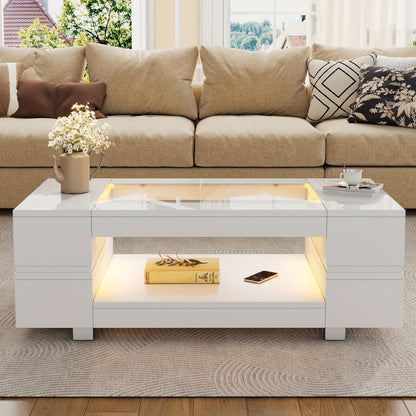 Witte Salontafel – Koffietafel – Bijzettafel – Tafel – Lounge Tafel – Moderne Open Opbergruimte – Duurzaam Bamboe – Compact & Laag (<69 cm)