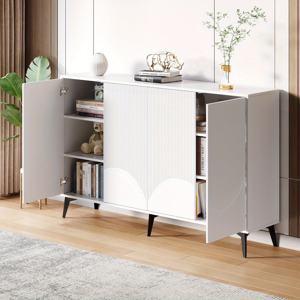 Modern White Metal Storage Cabinet with 4 Doors & Adjustable Shelves - Freestanding Floor Cabinet, 68.58cm Height, 4-Wheel Mobility, No Assembly Required, Space-Saving Design for Entryway, Living Room, Bedroom - Durable Metal