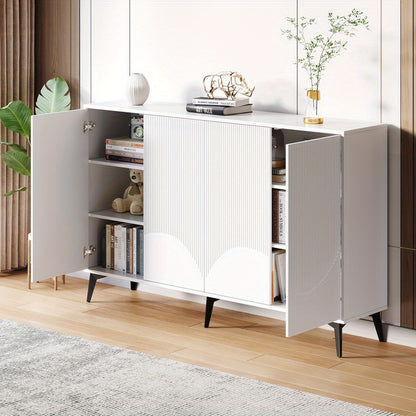 Modern White Metal Storage Cabinet with 4 Doors & Adjustable Shelves - Freestanding Floor Cabinet, 68.58cm Height, 4-Wheel Mobility, No Assembly Required, Space-Saving Design for Entryway, Living Room, Bedroom - Durable Metal