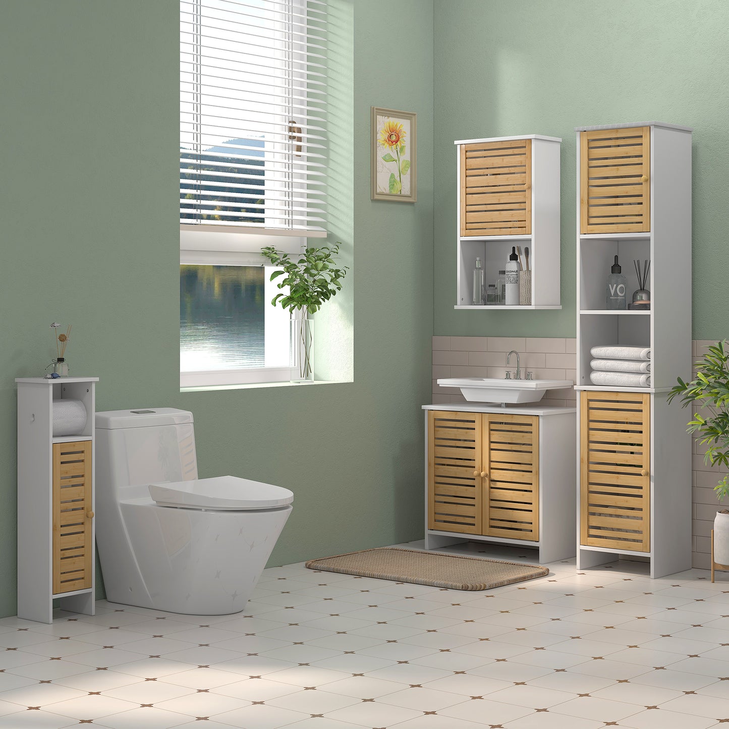 Badkamerkast – Kolomkast – Opbergkast – Toiletkast – Badmeubel – Wit tweekleurig design – Compact 35x30x170 cm – MDF en massief hout
