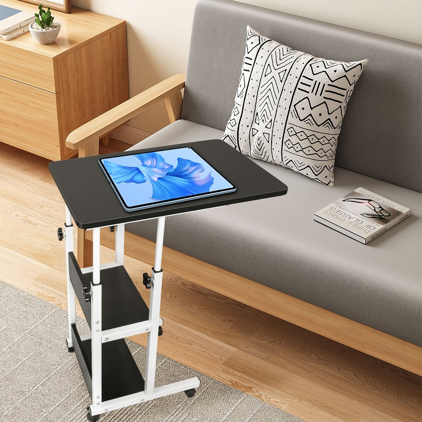 Verstelbare Laptop Tafel – Notebook Tafel – Bureau – Bijzettafel – Computertafel – Hoogte Verstelbaar 76-86,5 cm – Met Opbergrek – Stijlvol Zwart Houten Blad