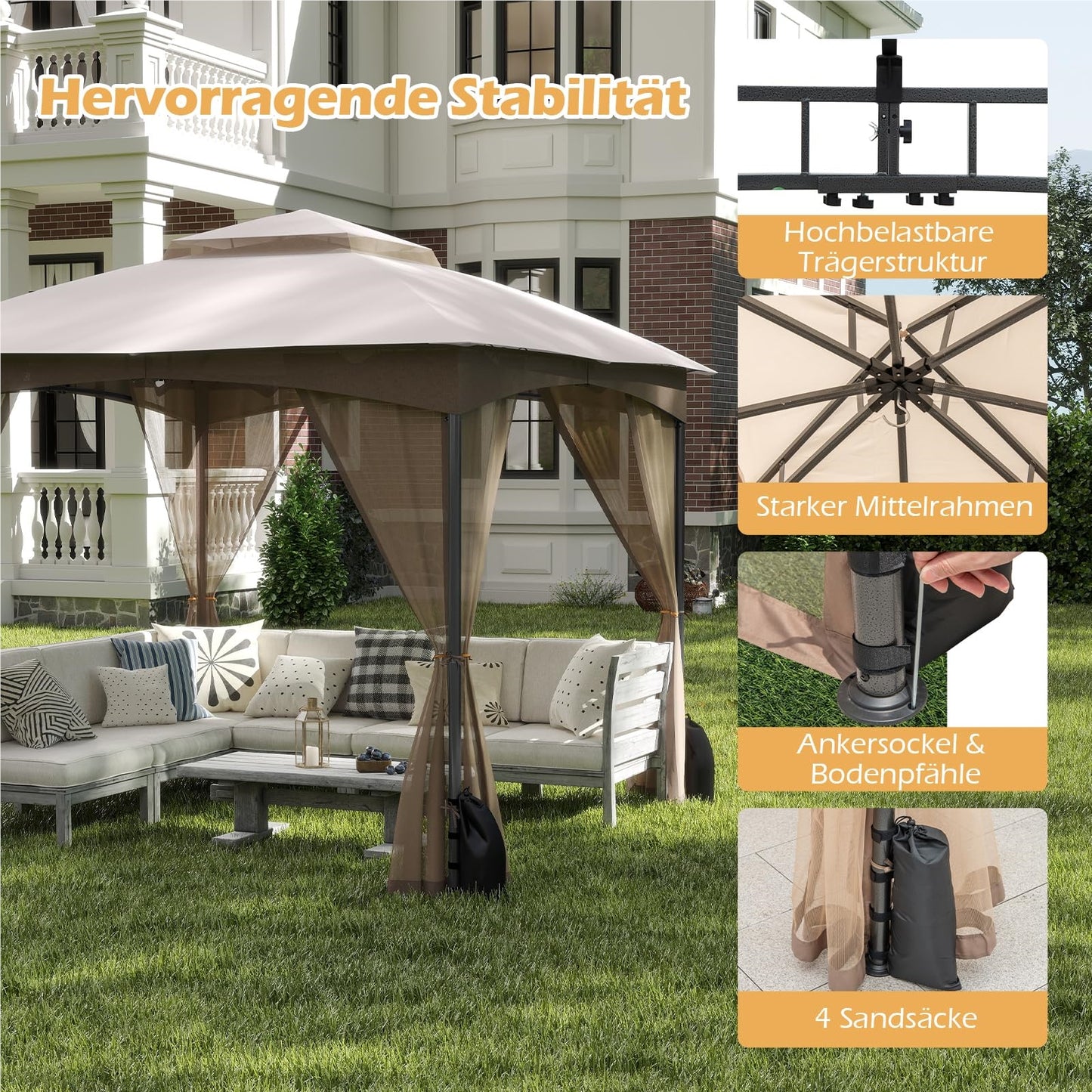 Tuinpaviljoen 3x3 meter – Tuinkamer – Terraspaviljoen – Partytent – Overkapping – Waterdicht dubbel dak – Stabiel metalen frame met muskietennetten