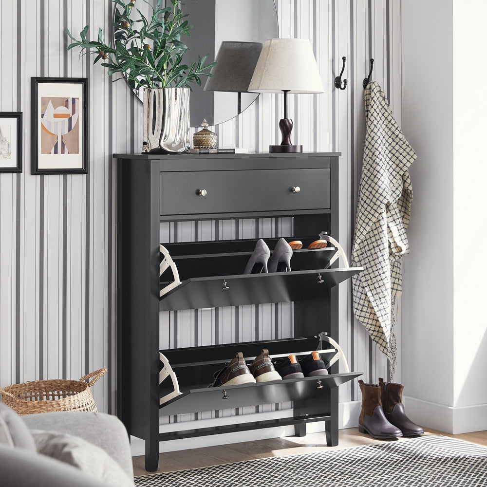 Schoenenkast – Schoenenopberger – Schoenenrek – Schoenenkastje – Schoenenmeubel – 2 Deuren – Grote Lade – Smal Design – Zwart Hout