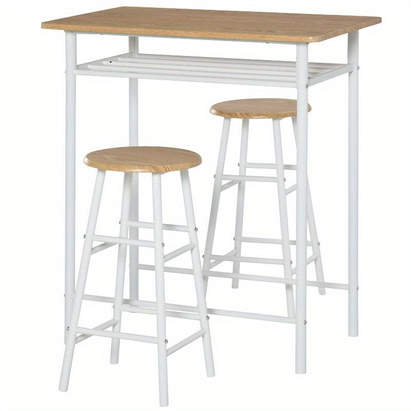 Eetkamertafel Set – Barset – Keukentafel – Ontbijttafel – Bistroset – Metaal Met Wit En Natuurlijk Eiken – Inclusief Opbergrek – Ruimtebesparend Design