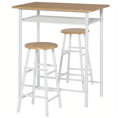 Eetkamertafel Set – Barset – Keukentafel – Ontbijttafel – Bistroset – Metaal Met Wit En Natuurlijk Eiken – Inclusief Opbergrek – Ruimtebesparend Design