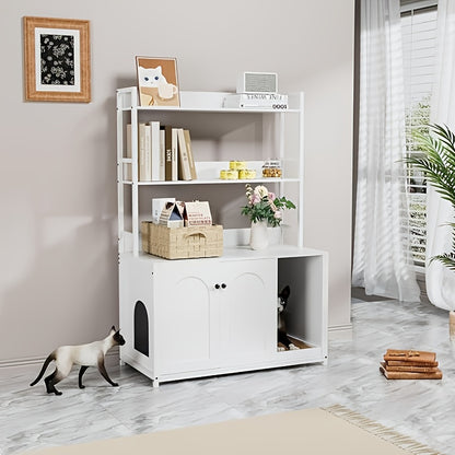 132.08cm Large Hidden Cat Litter Box Enclosure with 2 Doors - Wooden Cat House with Scratch Pad, Multi-Functional Storage Cabinet & Display Shelves, Space-Saving Indoor Cat Furniture for Climbing, Resting & Play, Modern Pet F