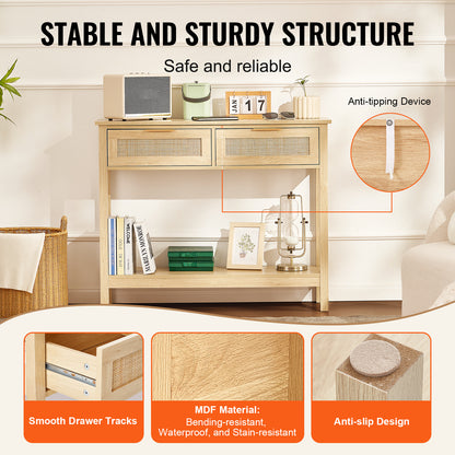 Sidetable – Wandtafel – Consoletafel – Haltafel – Bijzettafel – Natuurlijk Rattan – 2 Lades – Stevige MDF Constructie