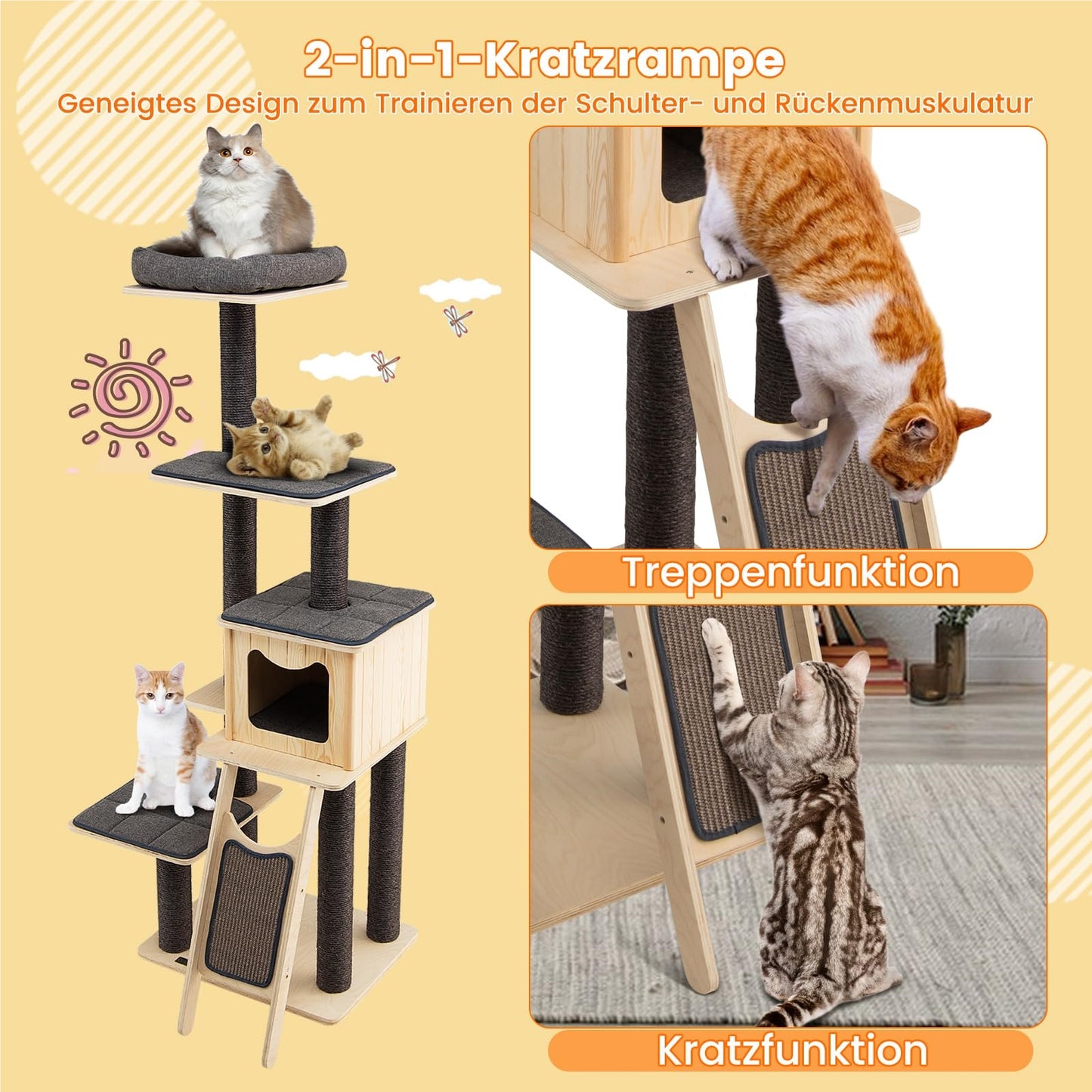 Krabpaal – Krabboom – Kattenboom – Klimpaal – Activiteitentoren – 6-laags Houten Krabpaal Met Sisal – Met Kattenhol En Zacht Kussen – Stabiele, Hoge Klimtoren 175 cm – Grijs-Beige