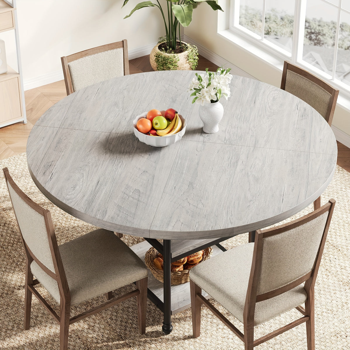 47-Inch Round Dining Table for 4 or 6 - Rustic Grey Wooden Kitchen Table with Storage Shelves & Roman Metal Legs, Contemporary Pedestal Design, No Assembly Required, Dining Room, Kitchen, Living Room Furniture, Dining Table, Kitchen Table
