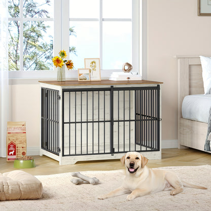 Hondenbench – Hondenkooi – Bench – Hondenhuisje – Hondenbox – 110 cm – Opvouwbaar Met Schuifdeuren – Duurzaam Metaal En Hout – Geschikt Voor Honden Tot 100 kg