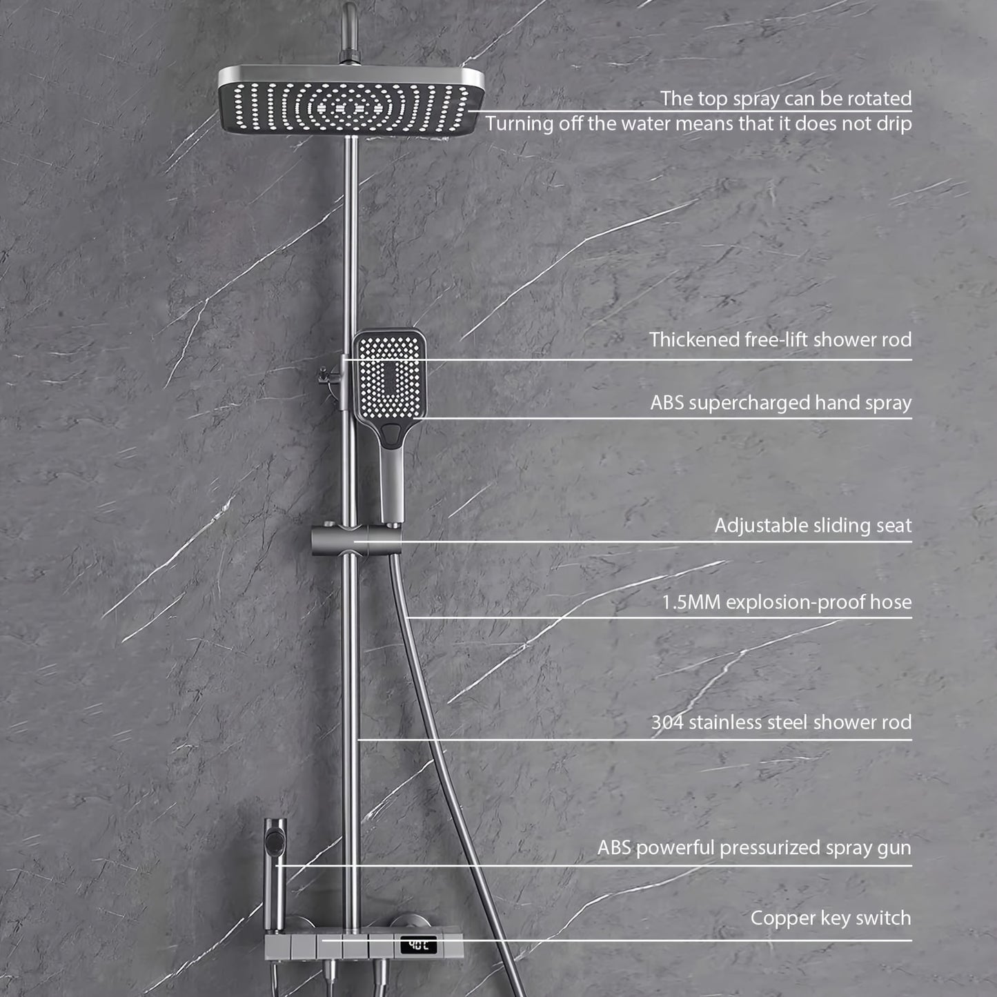 Douchesysteem – Regendouche – Douche Set – Handdouche – Watervaldouche – Koper – Digitaal Display – Ingebouwde Plank