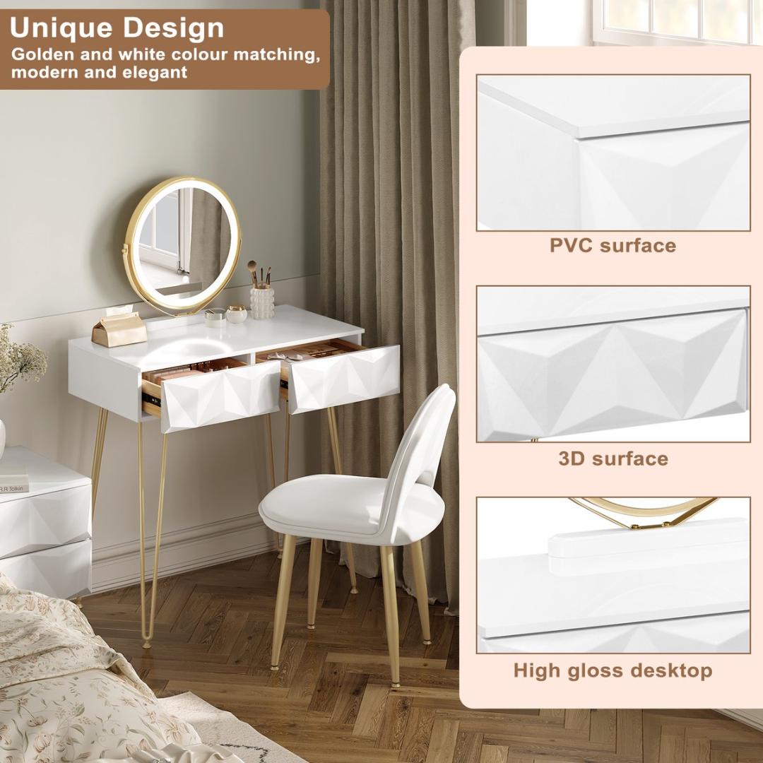 Make-up Tafel Set met 3-Niveau Verstelbare LED Spiegel en Fluwelen Stoel – 80x40 cm – Dressoir voor Slaapkamer – Perfect Cadeau voor Meisjes en Vrouwen