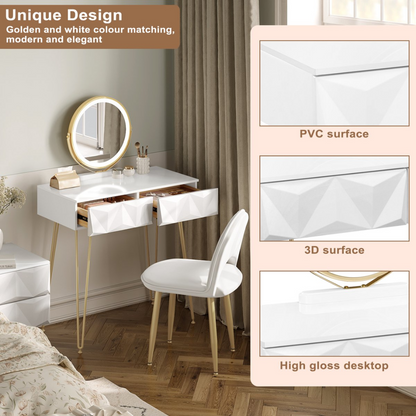 Make-up Tafel Set met 3-Niveau Verstelbare LED Spiegel en Fluwelen Stoel – 80x40 cm – Dressoir voor Slaapkamer – Perfect Cadeau voor Meisjes en Vrouwen