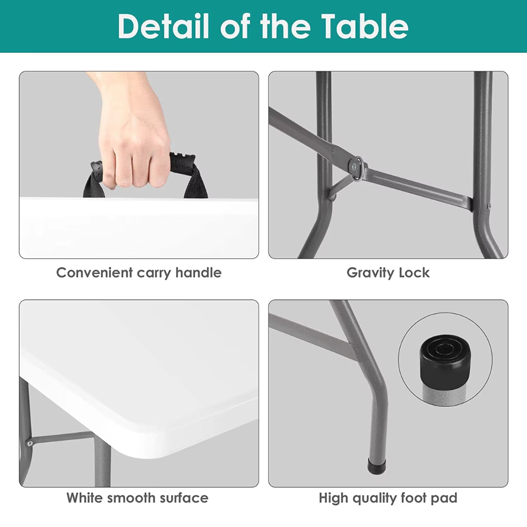 180 cm opvouwbare tafel met 2 banken – klaptafel set voor 8 personen – inklapbare campingtafel – picknicktafel – kunststof en staal – draagbaar met handgreep – binnen en buiten – wit blad, zwarte poten