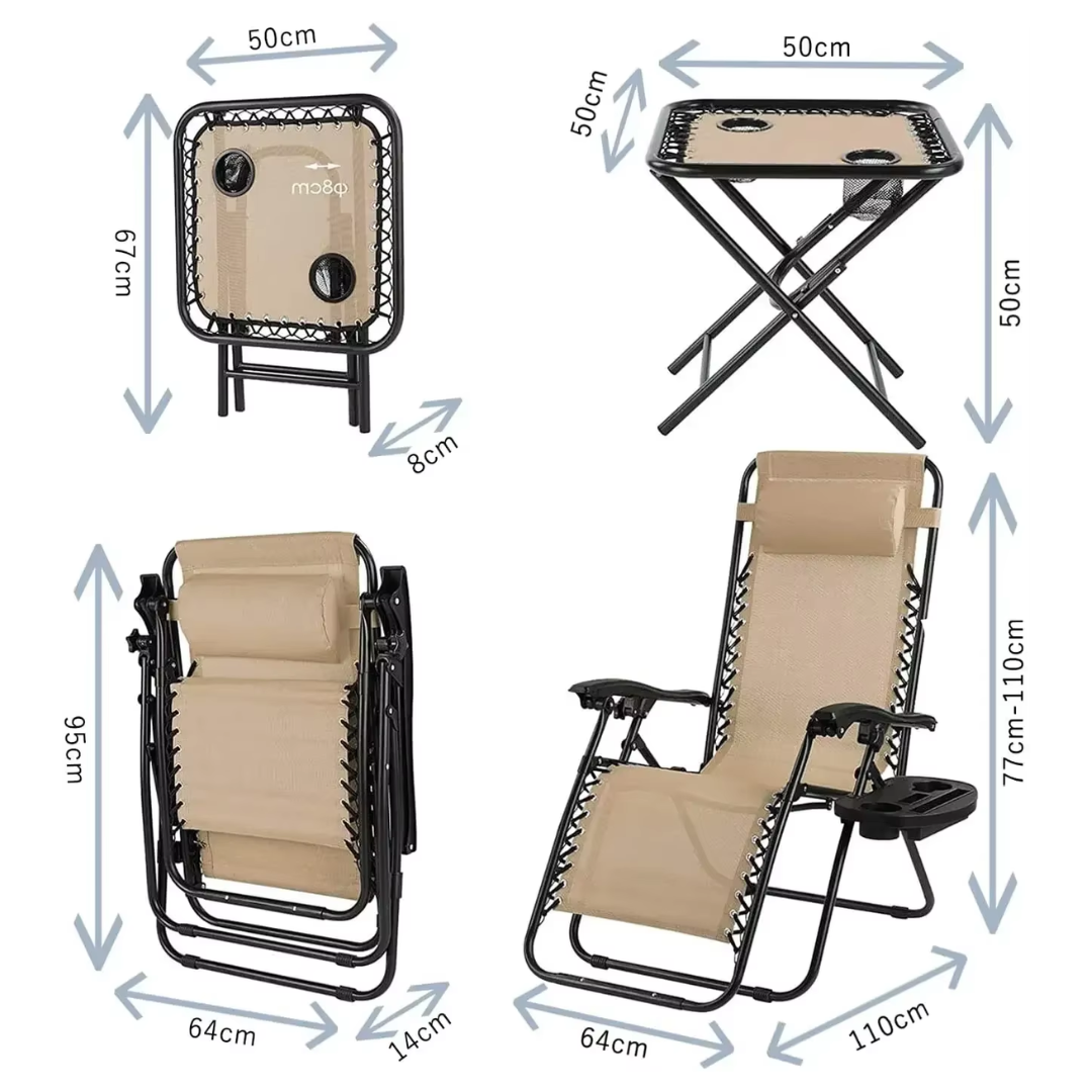 Ligstoelen Set met Tafel - Loungeset Buiten - Verstelbare Tuinstoelen - Campingstoelen - Opvouwbare Strandstoelen met Hoofdkussen en Bekerhouder - Beige