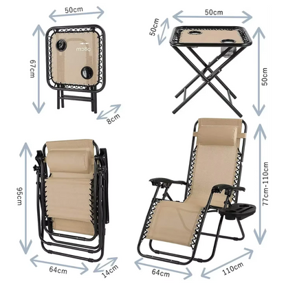 Ligstoelen Set met Tafel - Loungeset Buiten - Verstelbare Tuinstoelen - Campingstoelen - Opvouwbare Strandstoelen met Hoofdkussen en Bekerhouder - Beige