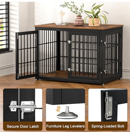 Hondenbench – Hondenkooi – Bench – Hondenhuisje – Dierenkooi – 3 Deuren – Uitneembare Lade – Metaal Met Houtlook – Maat M – Zwart