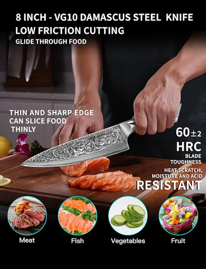 Koksmes – Keukenmes – Santokumes – Broodmes – Universeelmes – VG10 Damascus Staal – Resin Handvat – 3-delige Set – Groen