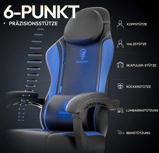 Gamingstoel – Bureaustoel – Racestoel – Ergonomische Stoel – Computerstoel – Met Voetensteun – 136 KG Draaggewicht – Verstelbare Hoogte & Rugleuning – Zwart/Blauw