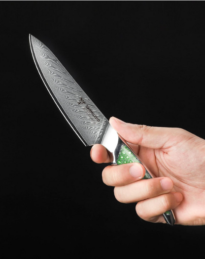 Damesschilmessen – Schilmesje – Utility Mes – Koksmes – Keukenmessen Set – VG10 Damascus Staal – Ergonomische Hars Handgrepen – Ambidextrisch Design – Groen