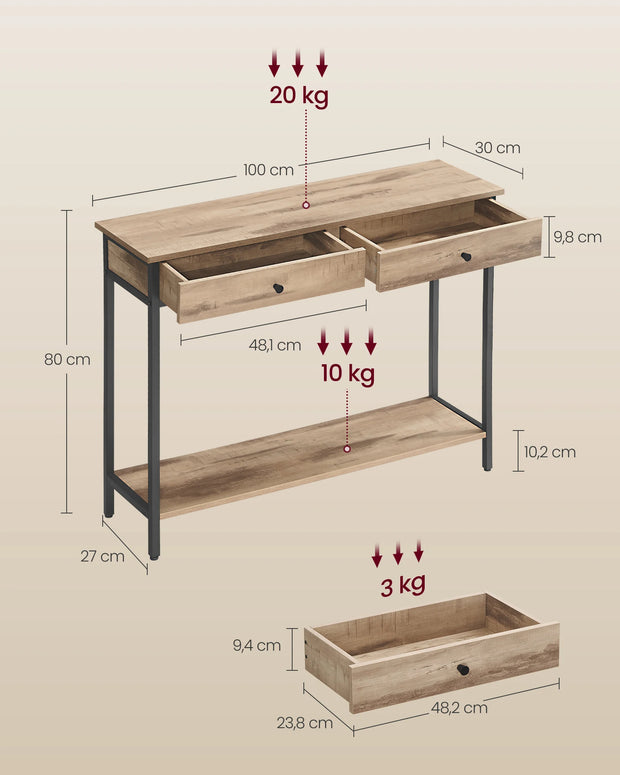 Bijzettafels - Smalle Console Tafel - Haltafel - Bijzettafel met Lade - Hout - 100 cm x 30 cm x 80 cm - Donker Khaki