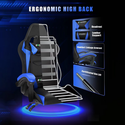 Gaming Stoel met LED Verlichting – Ergonomische Gamestoel met Hoge Rugleuning en Hoofdsteun – Verstelbare Bureaustoel voor Gamers – Comfortabele Computerstoel – Zwart met Blauw Design