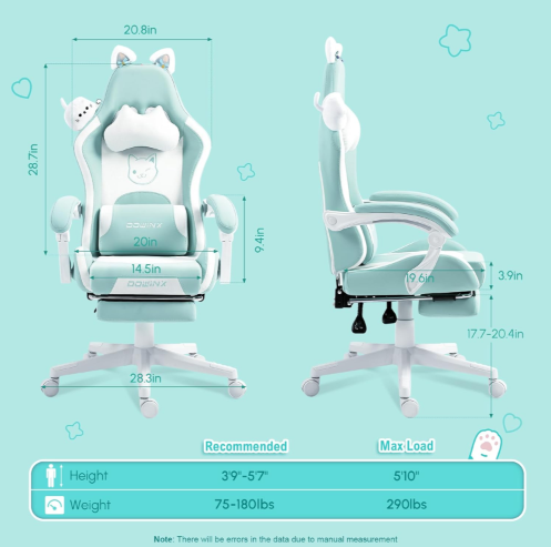Gamingstoel Kat Oor – Bureaustoel Gaming – Stoel Computer – Gaming Chair Ergonomisch – Met Voetensteun & Hoofdsteun – Zware Last 136 KG – Roze/Zwart