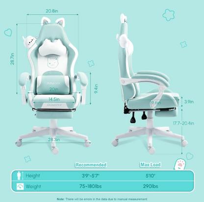 Gamingstoel Kat Oor – Bureaustoel Gaming – Stoel Computer – Gaming Chair Ergonomisch – Met Voetensteun & Hoofdsteun – Zware Last 136 KG – Roze/Zwart
