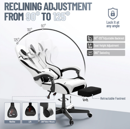 Gaming Stoel – Gamestoel – Gaming Chair – Game Stoel – Speelstoel – Verstelbaar 150-190 cm – Met Inklapbare Voetensteun – Lendensteun & Hoofdsteun – Max. 135 kg
