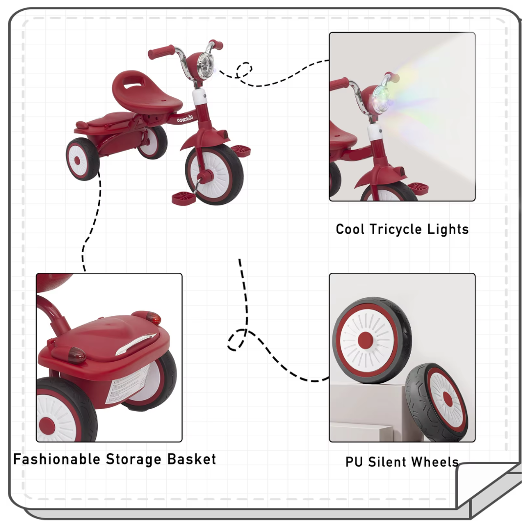 Driewieler voor Peuters – Kinderfiets Opvouwbaar met PU Wielen – Verstelbaar Zadel – Met Voorlamp & Opbergmand – 1 tot 3 Jaar – Rood