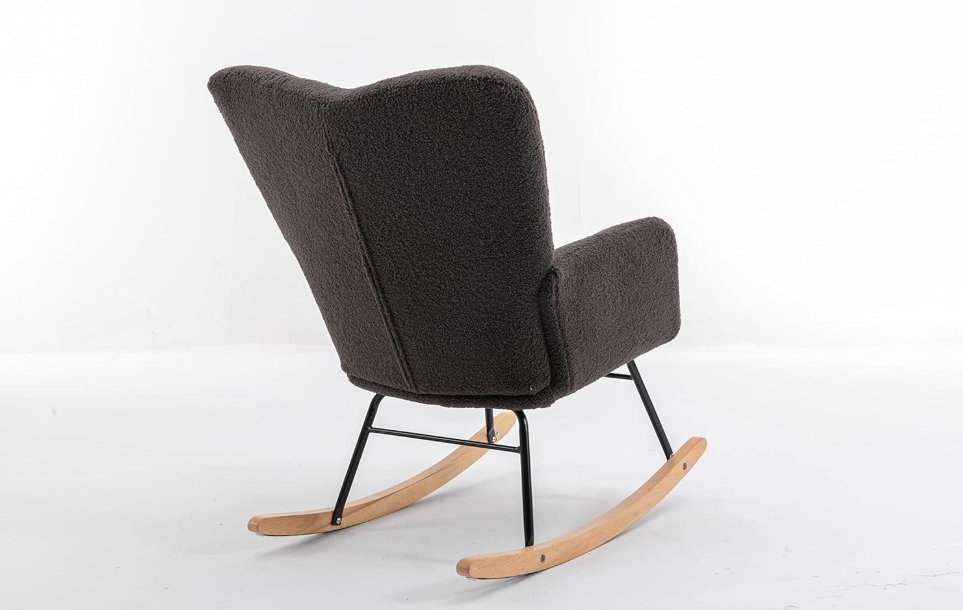 Schommelstoel – Witte Rocking Chair – Teddy Fauteuil – Schommel Fauteuil – Lounge Stoel – Zachte Teddy Bekleding – Stevige Houten Poten