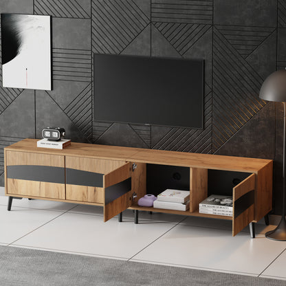 TV-meubel – TV-kast – TV-meubel woonkamer – Lowboard – Mediaconsol – Natuurlijke Houtkleur Met Zwarte Accenten – 180 cm Breed Met 4 Kasten En 30 kg Draagvermogen