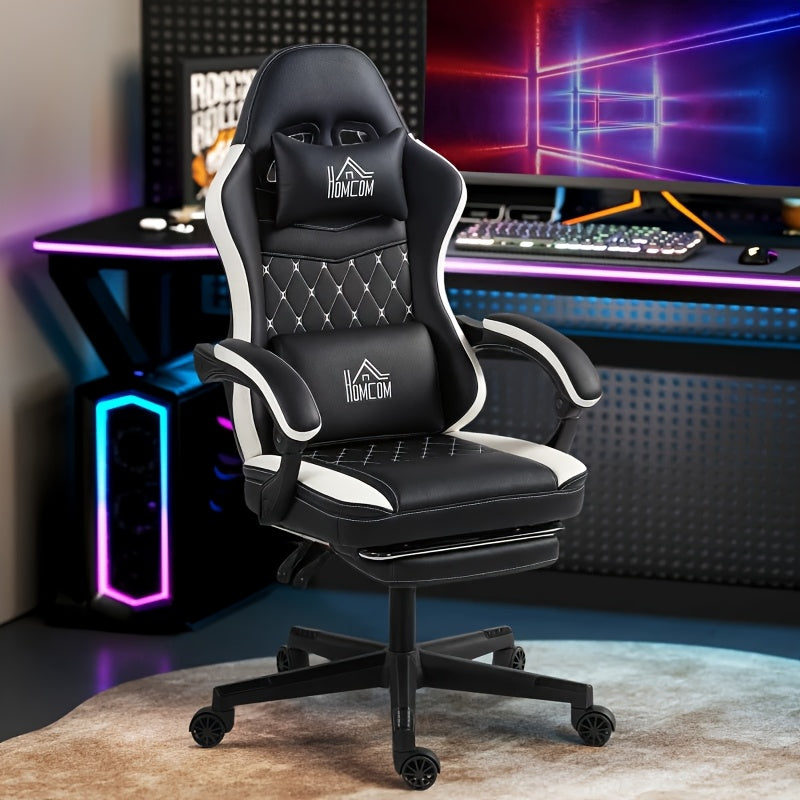 Ergonomic Gaming Chair with Footrest & Lumbar Support - Heavy-Duty Adjustable Height Recliner, 360° Swivel Memory Foam Computer Desk Chair, Manual Recline Handle, Headrest & 5-Wheel Base for Office, PC, Computer (Black/White