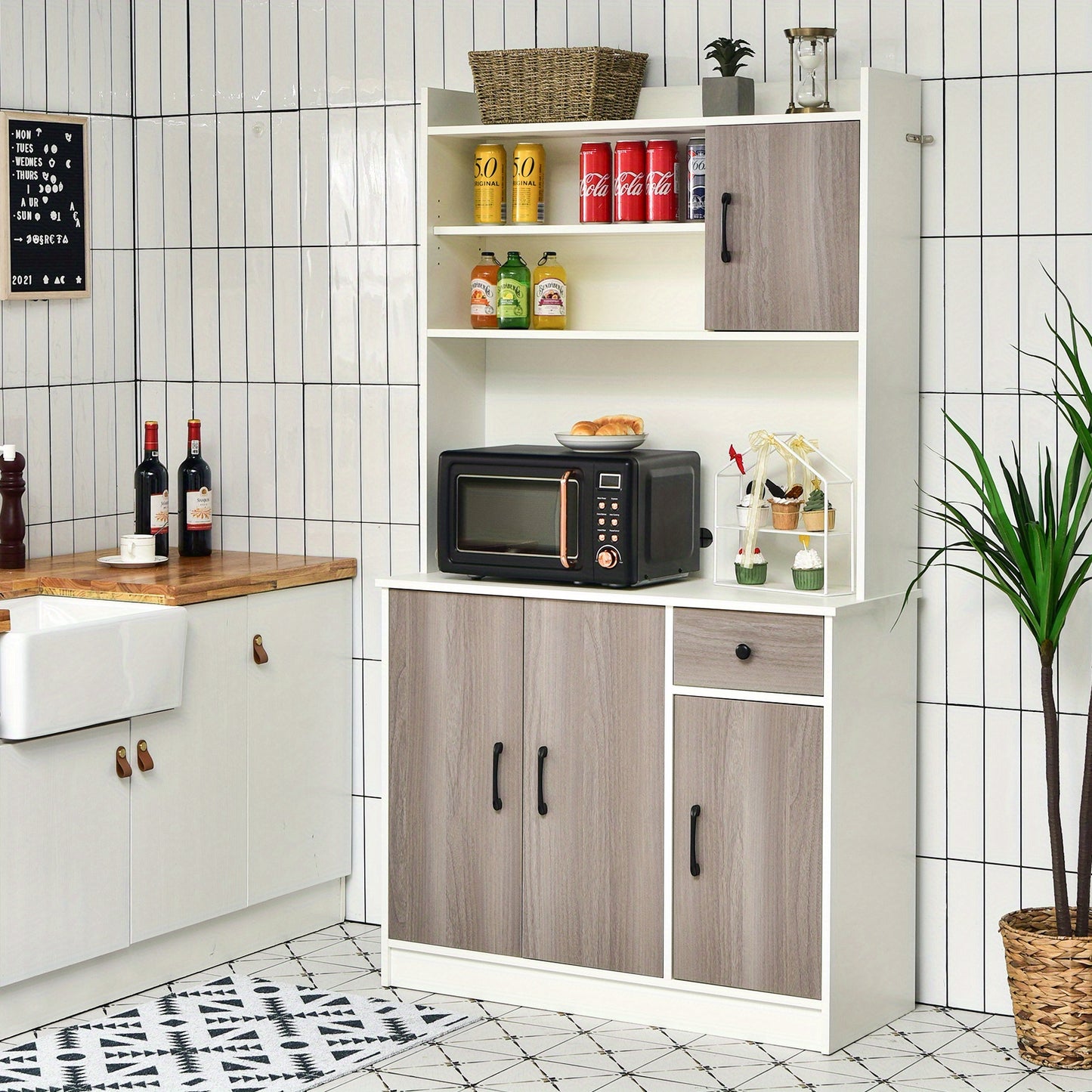 Four-Door Kitchen Buffet Storage Cabinet with Hutch, Freestanding Kitchen Pantry with Drawer, Large Open Space, Adjustable Shelves, Kitchen Pantry Cabinet, Pantry Cabinet for Kitchen, Kitchen Sideboard Cabinet, Pantry Cupboar